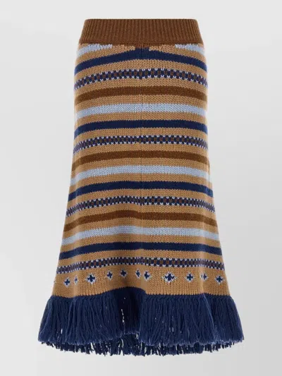 Alanui Virgin Wool Geometric Asymmetric Fringed Midi Skirt In Brown
