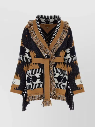 Alanui Waist Belt Fringe Geometric Pattern Long Sleeves Cardigan In Brown