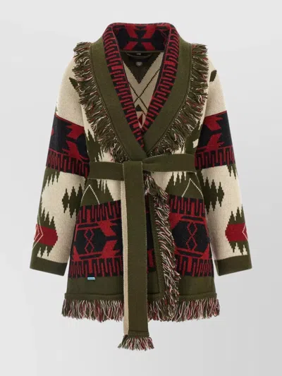 ALANUI WAIST BELT FRINGE GEOMETRIC PATTERN LONG SLEEVES CARDIGAN