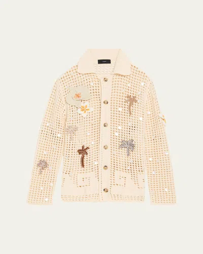 Alanui Where The Waves Begin Embellished Net Knit Collared Cardigan In Neutral