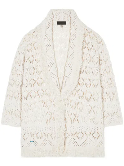 Alanui White Open Knit Fringed Trim Sweater