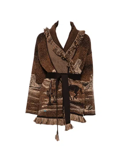 Alanui Icon Jacquard Fringed Cardigan In Brown