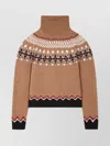 Alanui Patterned Camel Turtleneck Sweater With Geometric And Floral Motifs