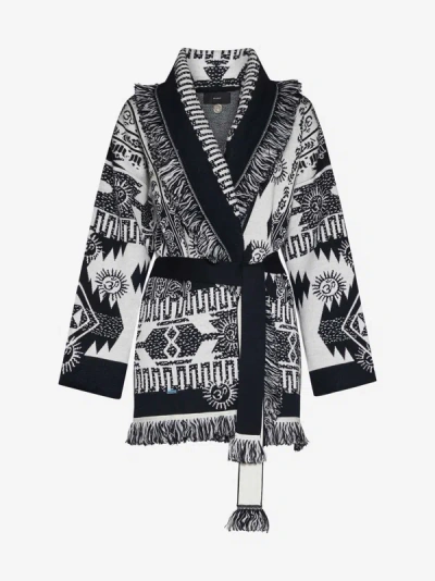 Alanui Graphic Pattern Belted Fringed Cardigan In Nero