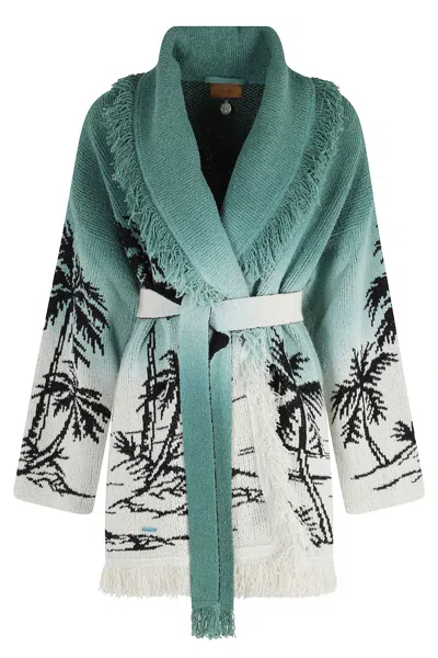 Alanui Woodland Green Wave Bloom Geometric-jacquard Cardigan In Multi