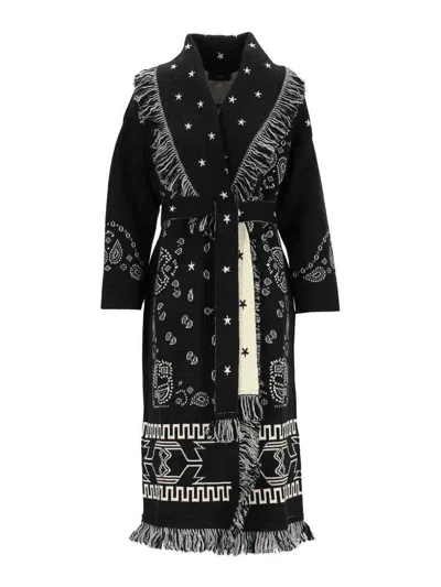 Alanui Bandana Long Coat Fringe Stars Paisley Belt In Black