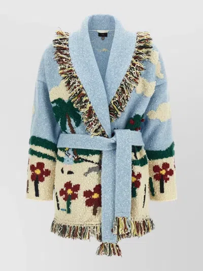 Alanui Wool Jacquard Belted Fringed Cardigan In Blue