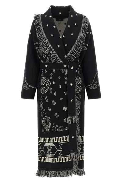 Alanui Wrap Coat With Jacquard Pattern And Fringes In Black