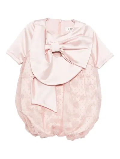 Alapage Babies' Bow-embellished Lace-trim Romper In Pink