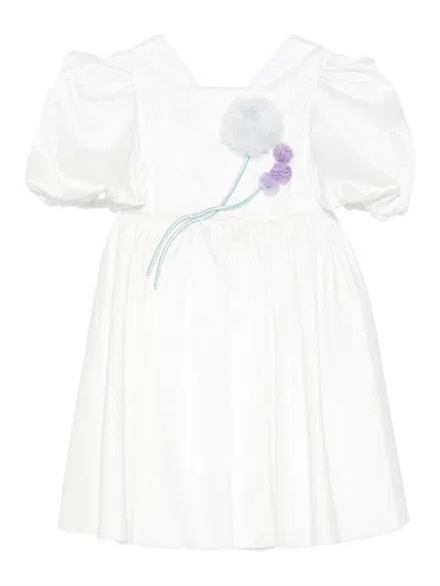 Alapage Kids' Floral-appliqué Puff-sleeve Dress In White