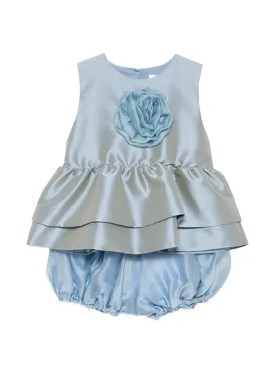 Alapage Babies' Floral-appliqué Ruffled Short Set In Blue