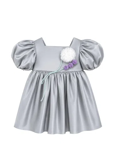 Alapage Kids' Flower-appliqué Puff-sleeve Dress In Gray