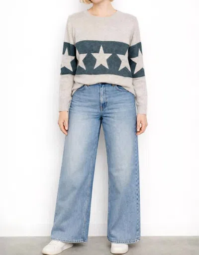 Alashan Cashmere Merino Banded Star Crewneck Sweater In Juniper Combo In Gray