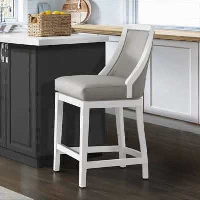 Alaterre Ellie 19" Wide Solid Rubber Wood Frame Linen Fabric Counter Height Swivel Stool With Back In Gray