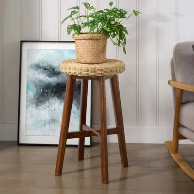 Alaterre Furniture Calais Round Bar Stool With Woven Seat - 24in Counter Height Bar Stools Backless For Kitch In Tan