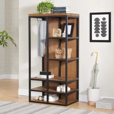 Alaterre Lloyd 28"w 58"h Rustic Industrial Metal Frame Hall Tree With Covered Back, Shelves And Shoe Storage In Brown