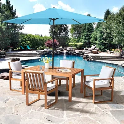Alaterre Weston 6 Pc Patio Dining Set Wood One 63" Table 4 Chairs With Cushions And 1 10-foot Tilt Umbrella In Brown