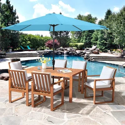 Alaterre Weston 8 Pc Patio Dining Set Wood One 63" Table 6 Chairs With Cushions And 1 10-foot Tilt Umbrella In Blue