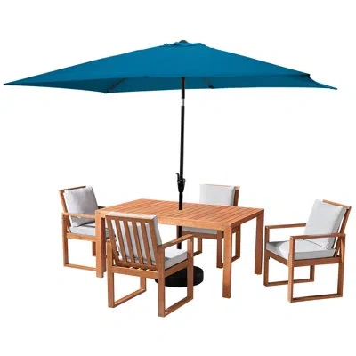 Alaterre Weston Patio Dining Set Wood With Cushions And 1 10-foot Tilt Umbrella In Blue