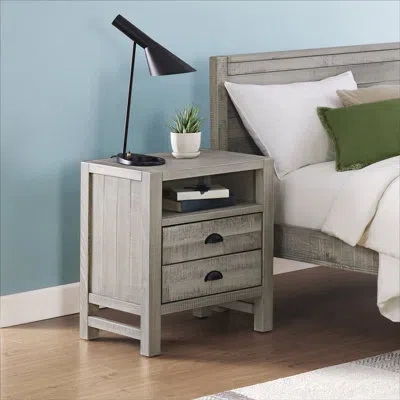 Alaterre Windsor 2-drawer Wood Nightstand With Open Shelf – Rustic Distressed Bedside Table In Pine Construct In Gray