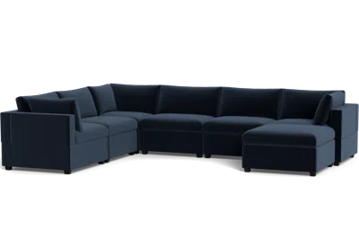 Albany Park Kova Box Cushion Grand Corner + Ottoman In Blue