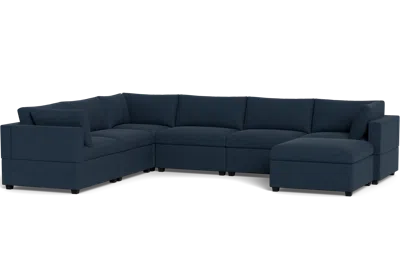 Albany Park Kova Box Cushion Grand Corner + Ottoman In Blue