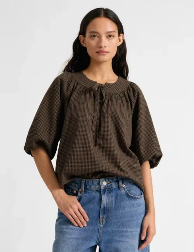 Albaray Gingham Blouson Sleeve Top In Brown