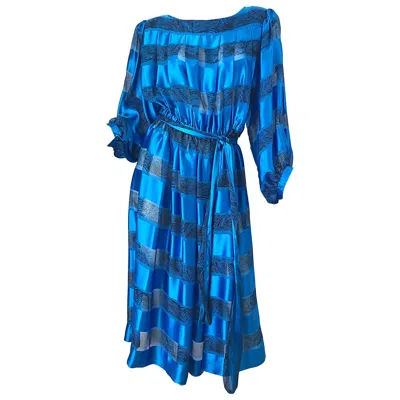 Pre-owned Albert Nipon 1980s  Size 10 Blue Silk Abstract Stiped Vintage 80s Belted Dress