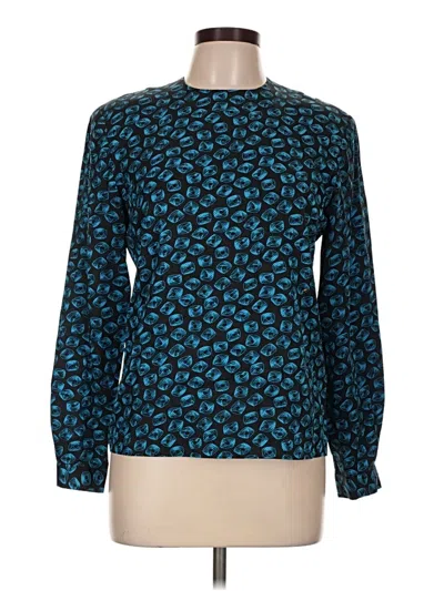 Pre-owned Albert Nipon Long Sleeve Silk Top Teal Turtleneck Tops