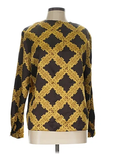 Pre-owned Albert Nipon Long Sleeve Top Gold Print Pattern Square Neckline Tops