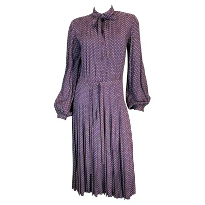 Pre-owned Albert Nipon Plum With Grey Mini Circles Pleated Skirt Shirtwaist Dress 1970s In Gray