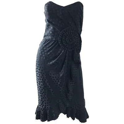 Pre-owned Albert Nipon Vintage  1990s Black Polka Dot Origami Strapless Silk Dress Size 6
