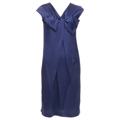 Pre-owned Alberta Ferretti 100% Silk Navy Bow Detail Cap Sleeve V Neck Dress It38 Xs In Blue