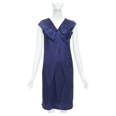 Pre-owned Alberta Ferretti 100% Silk Navy Bow Detail Cap Sleeve V Neck Dress It38 Xs In Blue