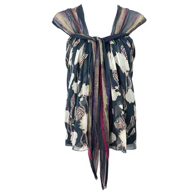 Pre-owned Alberta Ferretti 1990s Silk Chiffon Size 4 Printed Vintage 90s Cap Sleeve Blouse In Black