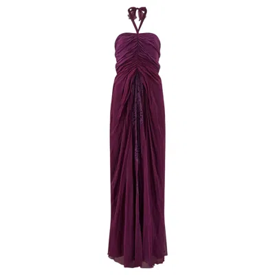 Pre-owned Alberta Ferretti 2010s  Aubergine Silk Chiffon And Lace Halterneck Dress In Black