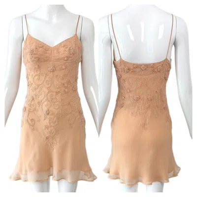 Pre-owned Alberta Ferretti 90's Vintage Beaded Peach Floral Embroider Silk Slip Mini Dress In Sand