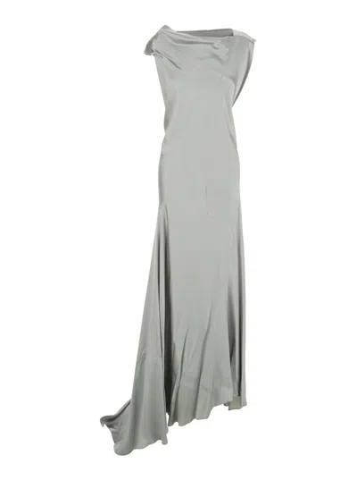 Alberta Ferretti Draped Satin Dress Asymmetric Neckline In Gray