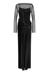 Alberta Ferretti Long Sleeve Maxi Dress With Mesh Overlay In Black