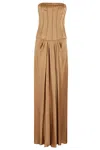 Alberta Ferretti Bustier Satin Dress With Pleated Skirt In Brown