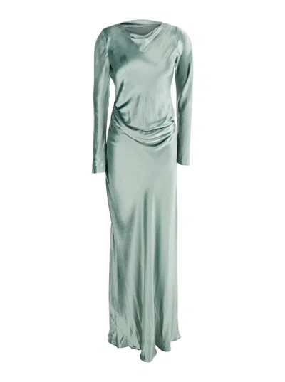 ALBERTA FERRETTI GREEN LONG DRESS WITH DRAPED DETAILS AND LONG SLEEVES IN GLOSSY SATIN WOMAN