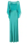 Alberta Ferretti Satin Evening Dress With Flowing Chiffon Cape In Verde