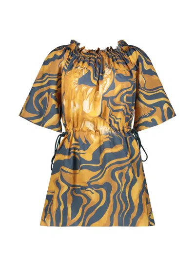 Alberta Ferretti Abstract-print Drawstring-waist Mini Dress In Orange