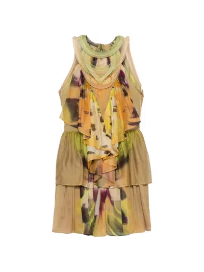 Alberta Ferretti Abstract-print Tiered Mini Dress In Green