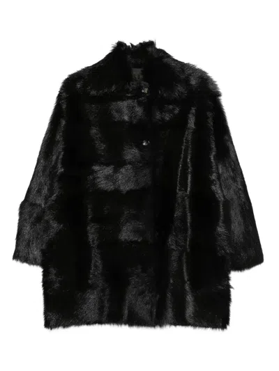 Alberta Ferretti Fur Texture High Collar Knee Length Jacket In Black