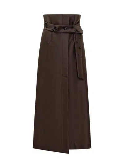 Alberta Ferretti Brown Long Skirt With Embroidered Belt In Black