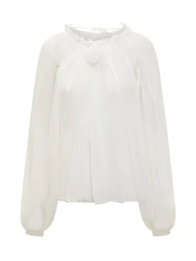 Alberta Ferretti White Chiffon Blouse With Flower