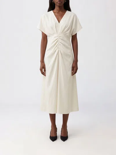 Alberta Ferretti A-line V-neck Midi Ceremony Dress With Side Slit In Neutral