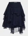 Alberta Ferretti Asymmetric Tiered Silk Ruffle Mini Skirt In Dark Blue
