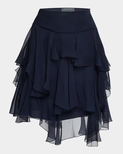 Alberta Ferretti Asymmetric Tiered Silk Ruffle Mini Skirt In Dark Blue